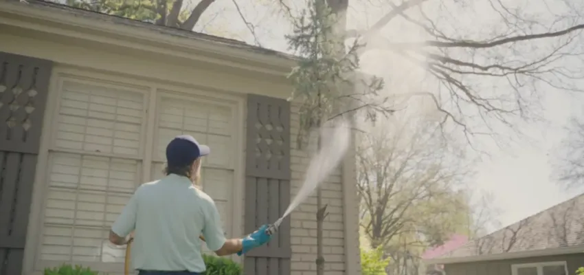 A DreamLawn expert watering a tree