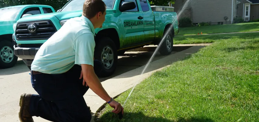a dreamlawn expert performing a sprinkler head adjustment