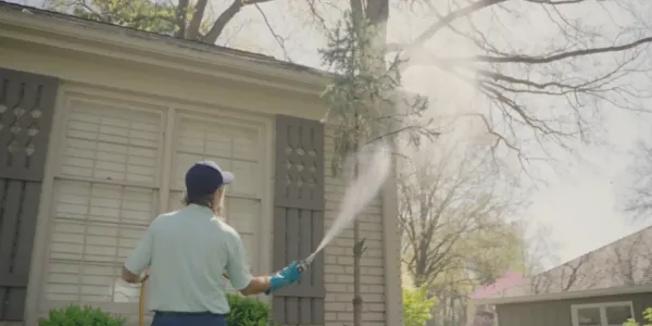 A DreamLawn expert watering a tree