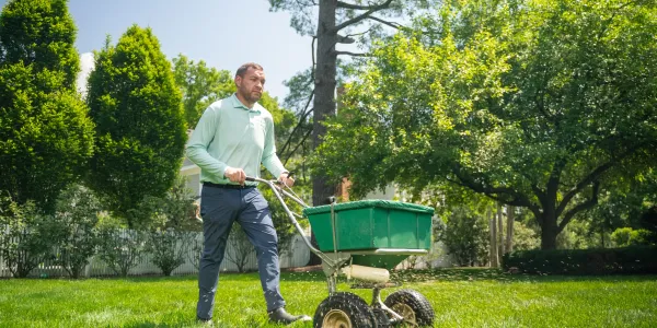 A DreamLawn team member spreading seed